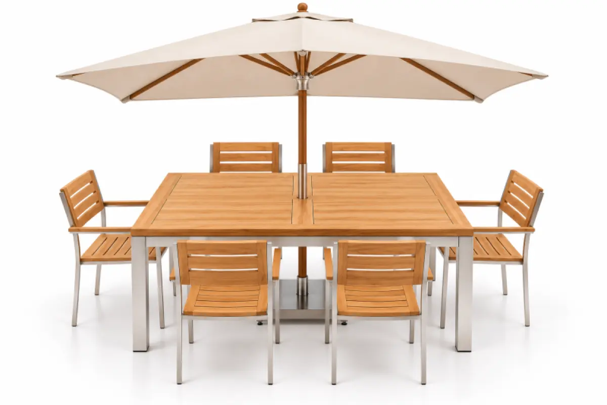 Quadratischer Gartentisch Tokio aus Teakholz und Edelstahl