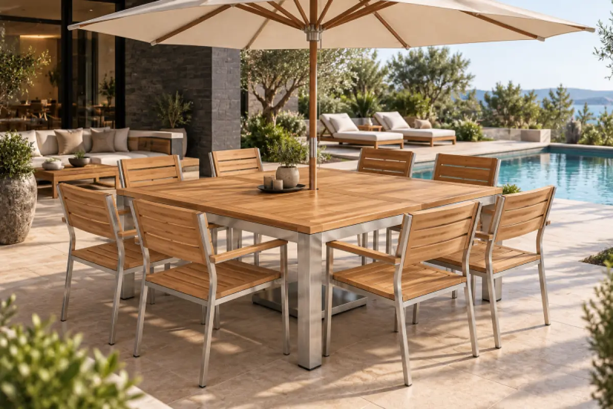 Quadratischer Gartentisch Tokio aus Teakholz und Edelstahl