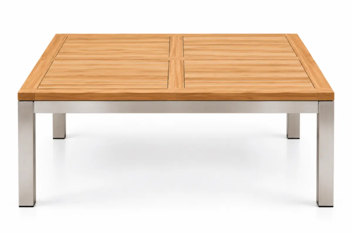 Quadratischer Gartentisch Tokio aus Teakholz und Edelstahl