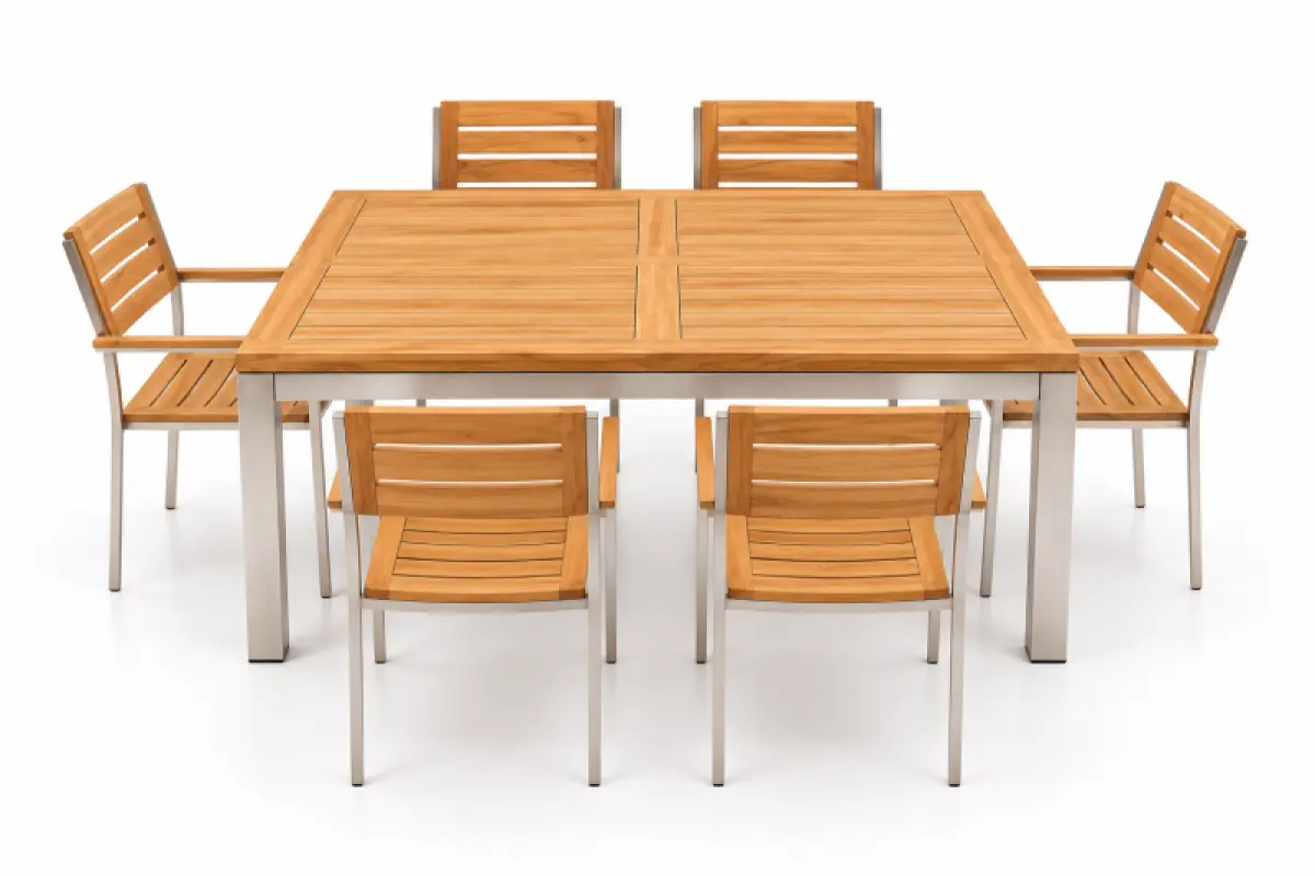 Quadratischer Gartentisch Tokio aus Teakholz und Edelstahl