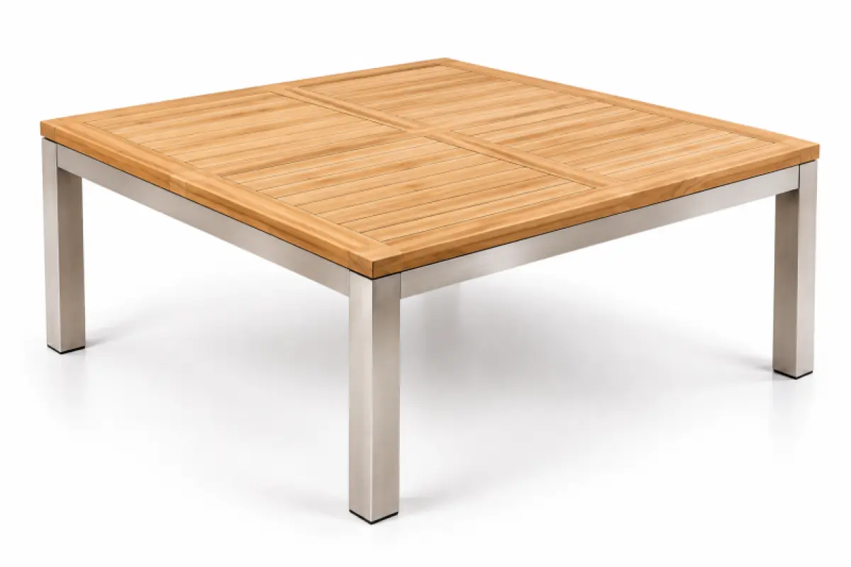Quadratischer Gartentisch Tokio aus Teakholz und Edelstahl