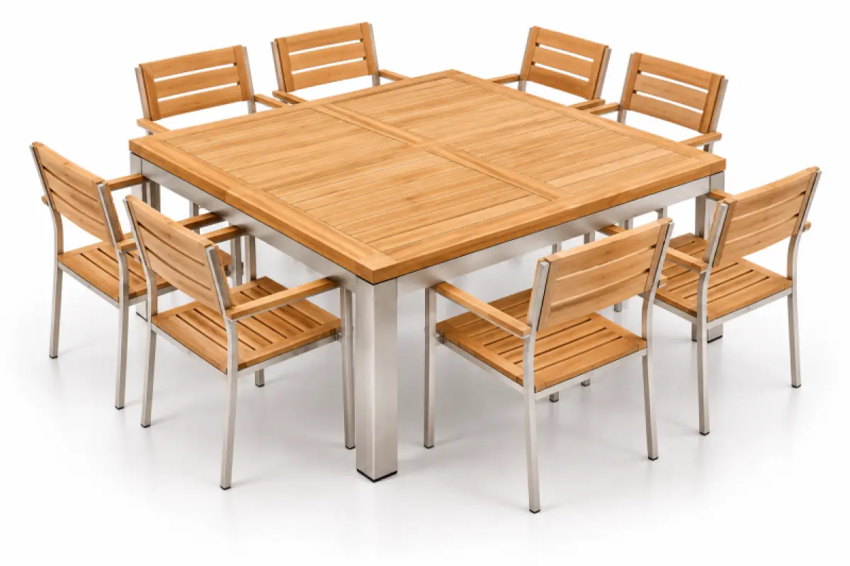 Quadratischer Gartentisch Tokio aus Teakholz und Edelstahl