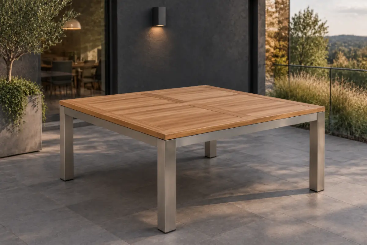 Quadratischer Gartentisch Tokio aus Teakholz und Edelstahl