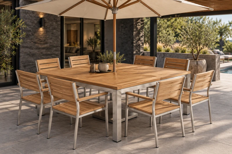 Quadratischer Gartentisch Tokio aus Teakholz und Edelstahl